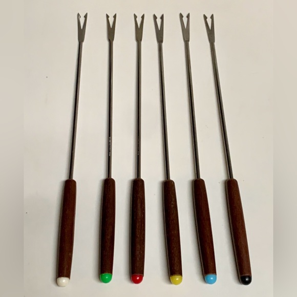 Set of 6 1960s Vintage Japanese Walnut Stainless Fondue Skewer Forks - Picture 2 of 10